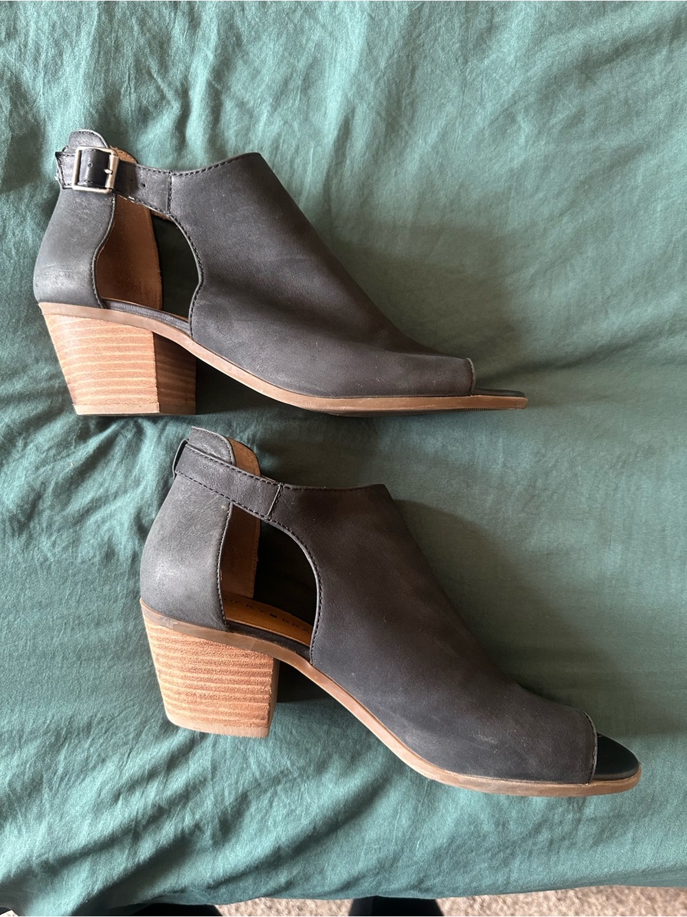 Lucky Brand Black & Brown Open-Toe Stacked Heel Booties - Picture 4 of 6